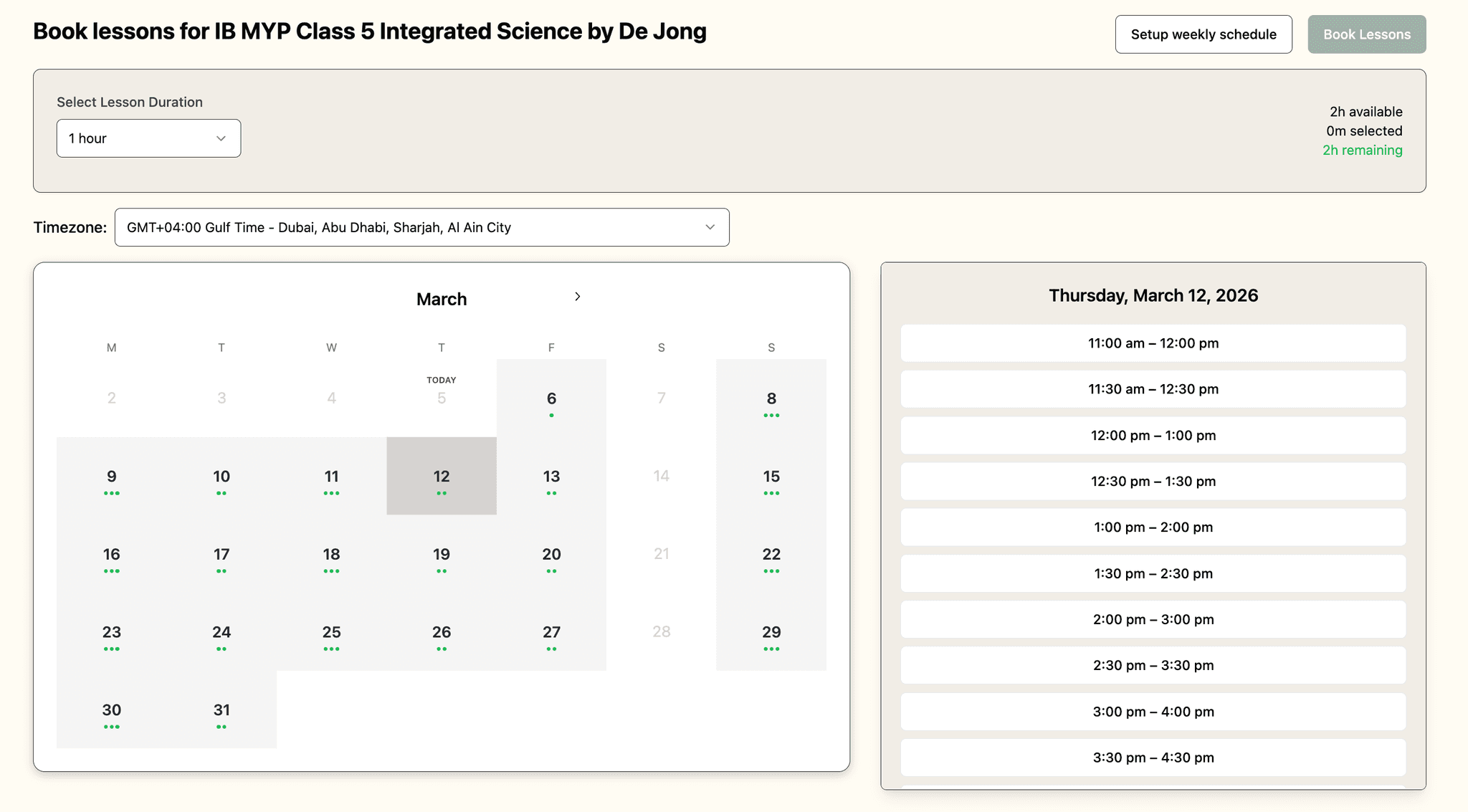 Lesson booking with timezone and slot selection