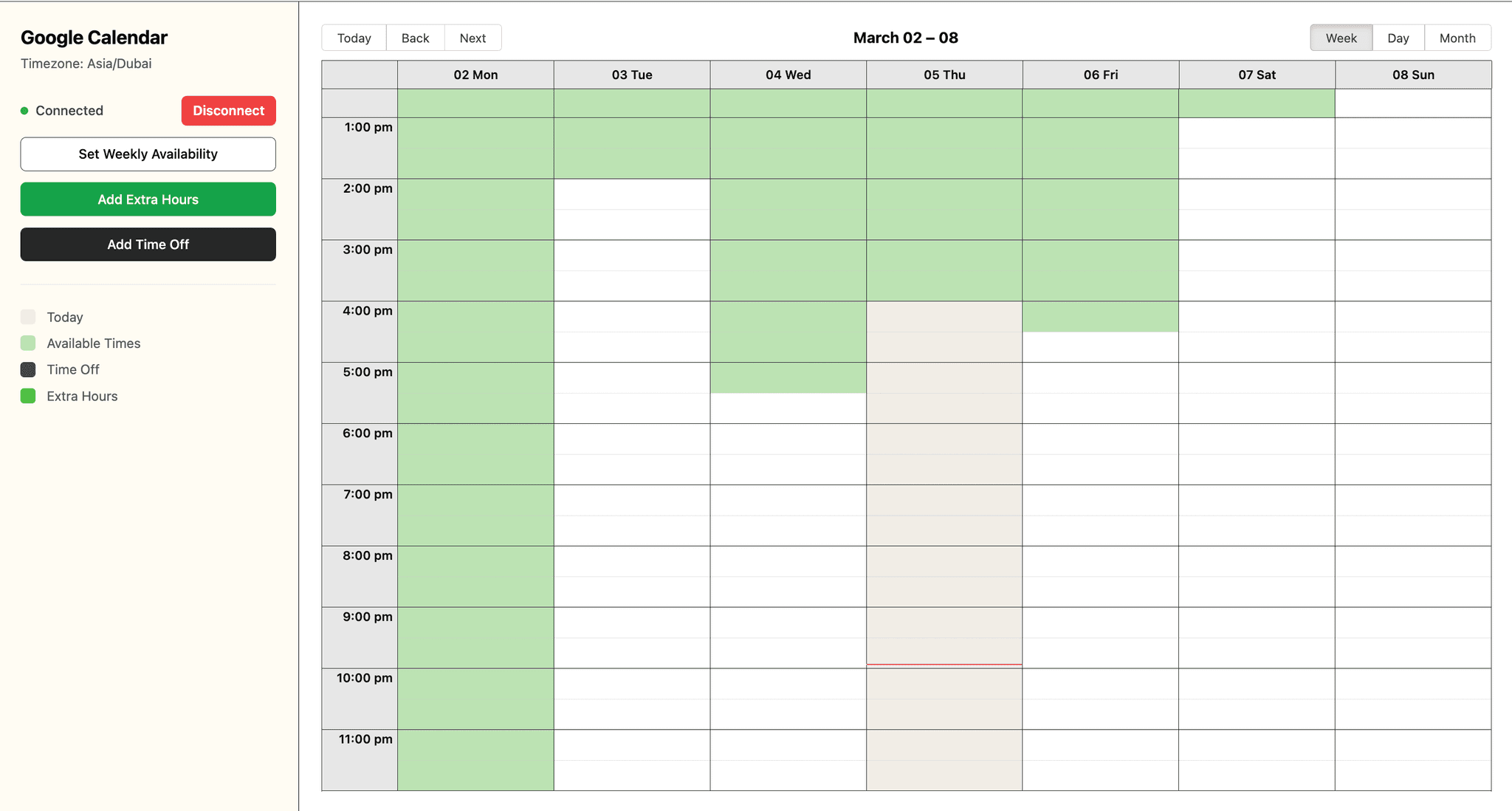 Google Calendar connected with availability settings
