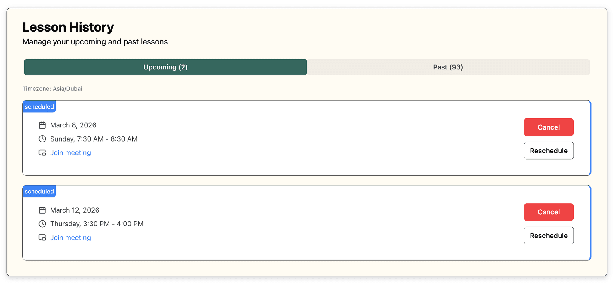 Lesson history with upcoming and past lessons