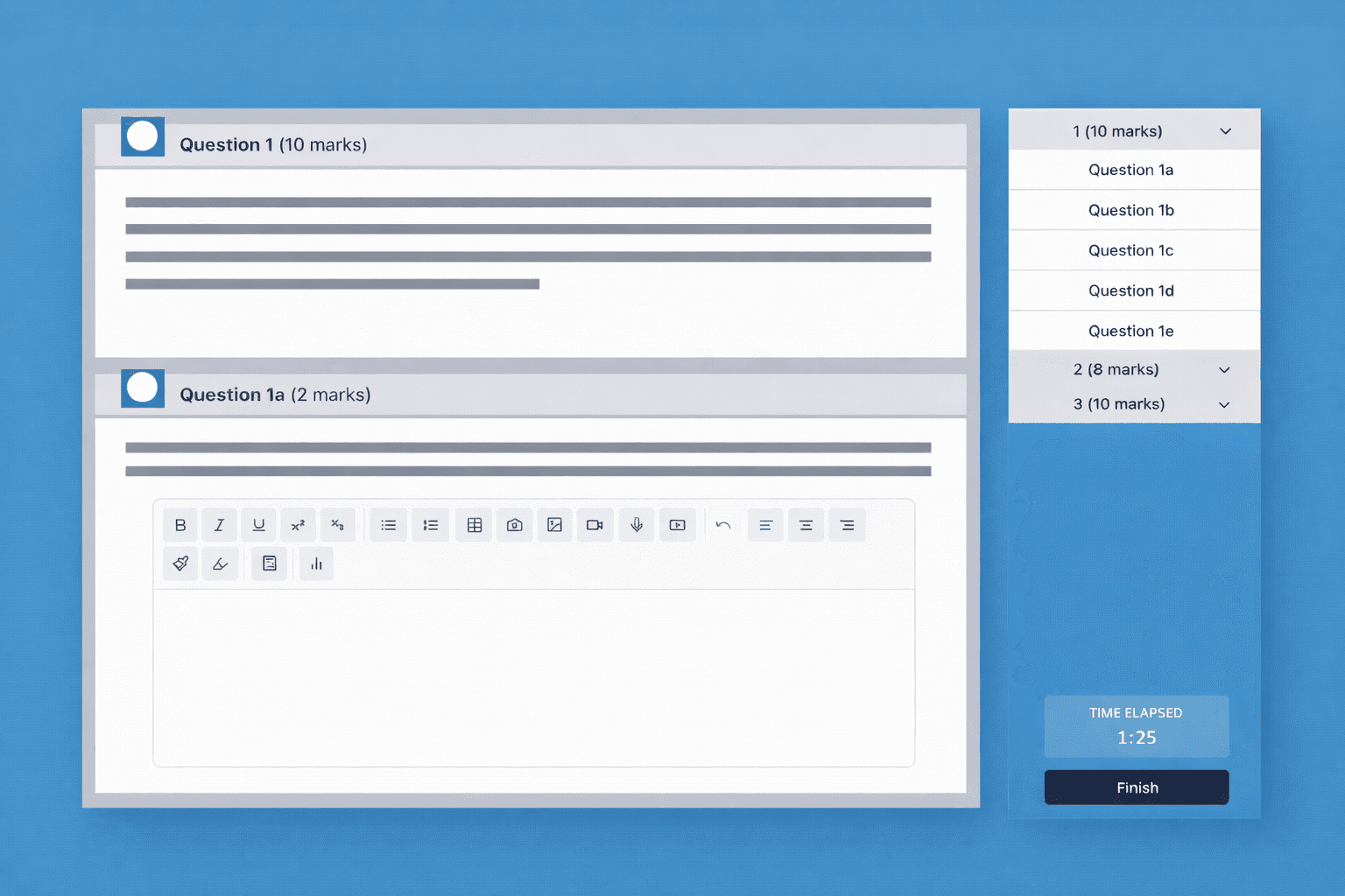 IB digital exam interface with timer and question navigation