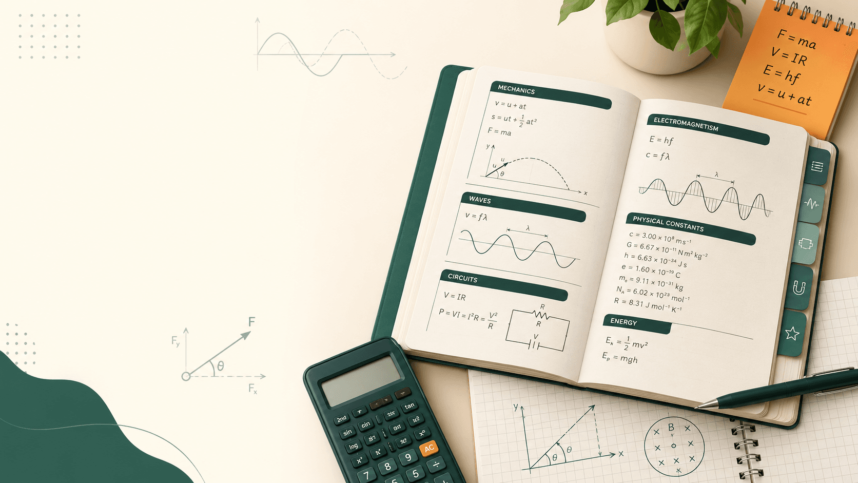 Open physics formula booklet with equations, graph paper, calculator, and circuit symbols for IB Physics revision.