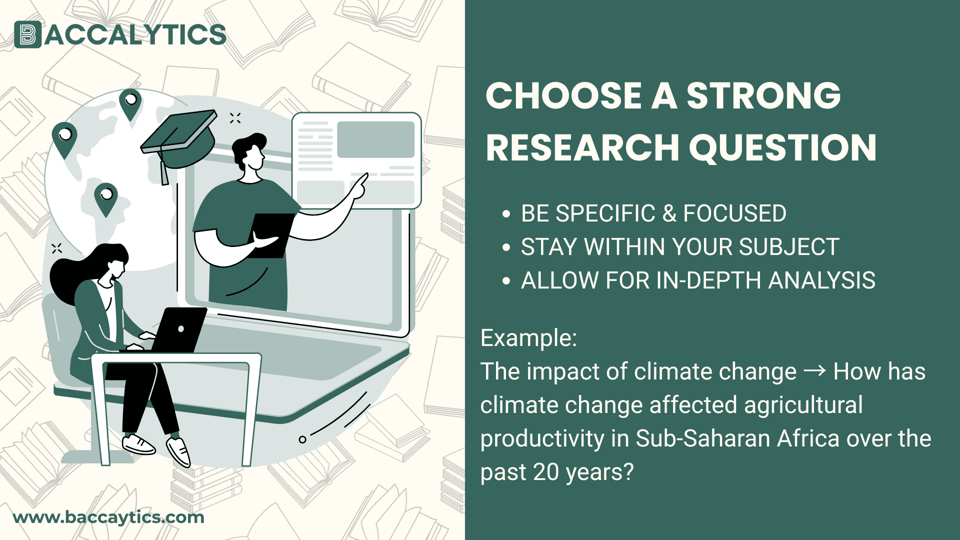 CHOOSE A STRONG RESEARCH QUESTION BE SPECIFIC & FOCUSED STAY WITHIN YOUR SUBJECT ALLOW FOR IN-DEPTH ANALYSIS Example: The impact of climate change → How has climate change affected agricultural productivity in Sub-Saharan Africa over the past 20 years?