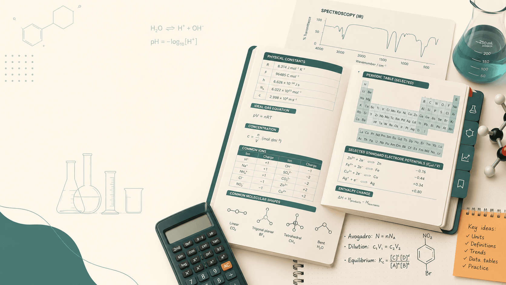 Open chemistry data booklet with periodic table, molecular diagrams, calculator, and spectroscopy graph for IB Chemistry revision.